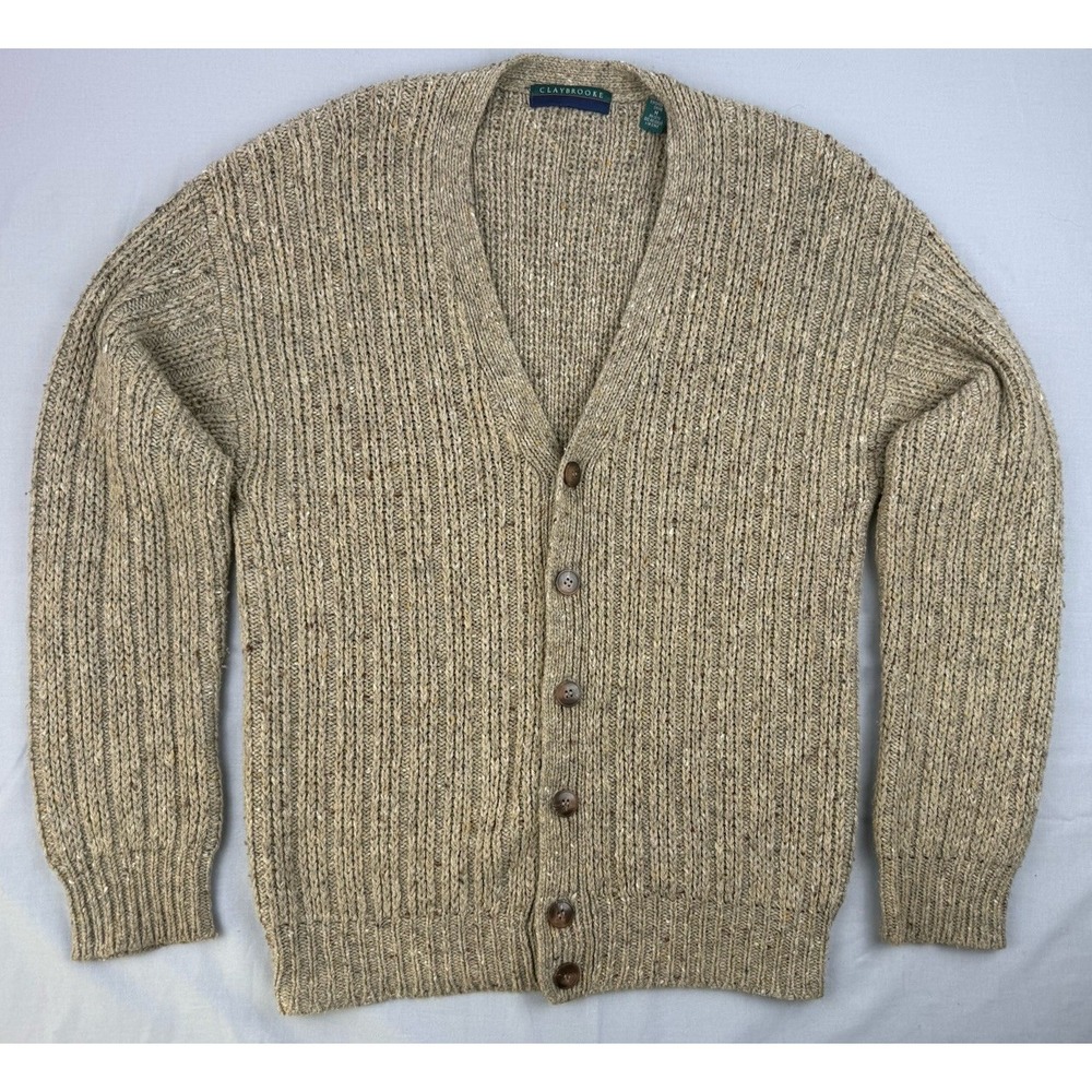 Claybrooke Wool Blend Cardigan Sweater Mens M Tan Chunky Grandpa